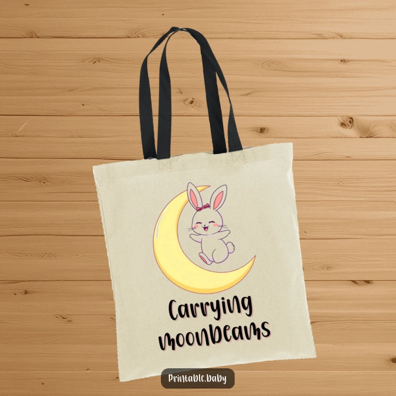 Funny tote bag with a giggling bunny playing on a large crescent moon, bringing celestial charm.