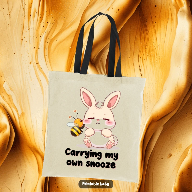 Funny tote bag illustration of a bunny in pajamas jumping away from a buzzing bee, a humorous companion for errands.