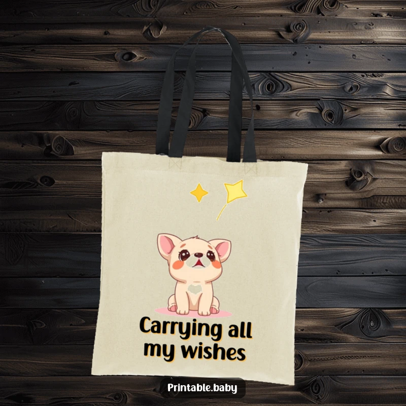Funny tote bag featuring a surprised dog cub looking up at a falling star, symbolizing wishes and dreams.