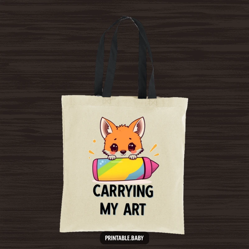 Funny tote bag featuring a surprised fox cub peeking over a giant colorful crayon, ideal for carrying art supplies or groceries.