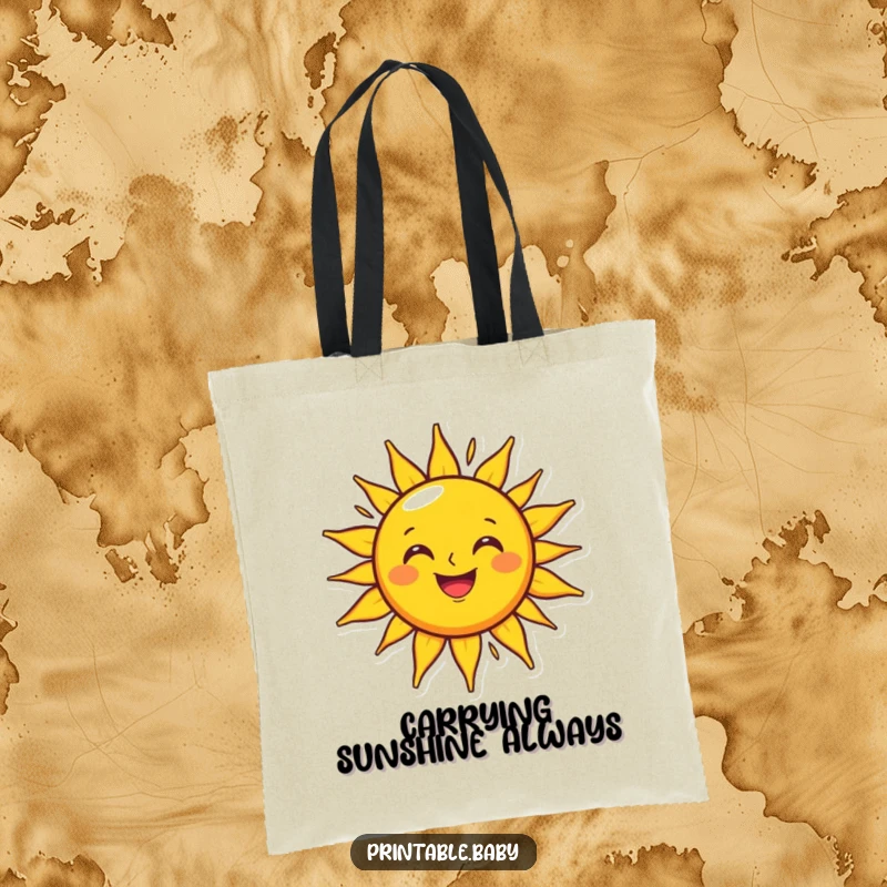Funny grinning sun tote bag with a happy character shining brightly on an outline, perfect for shopping and daily use.