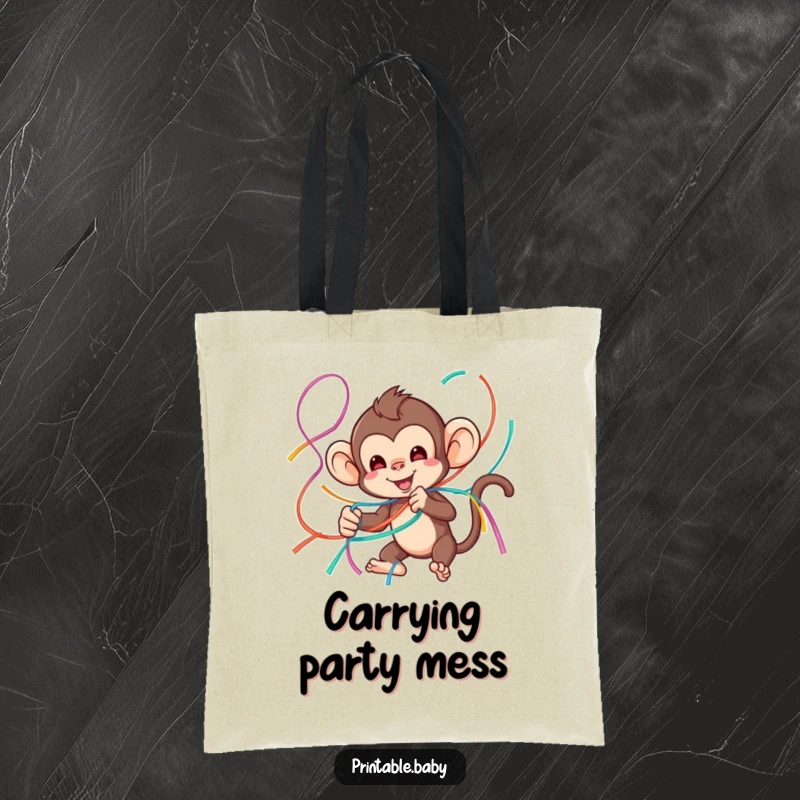 Funny monkey tote bag showcasing a playful monkey tangled in colorful streamers, great for carrying party supplies.