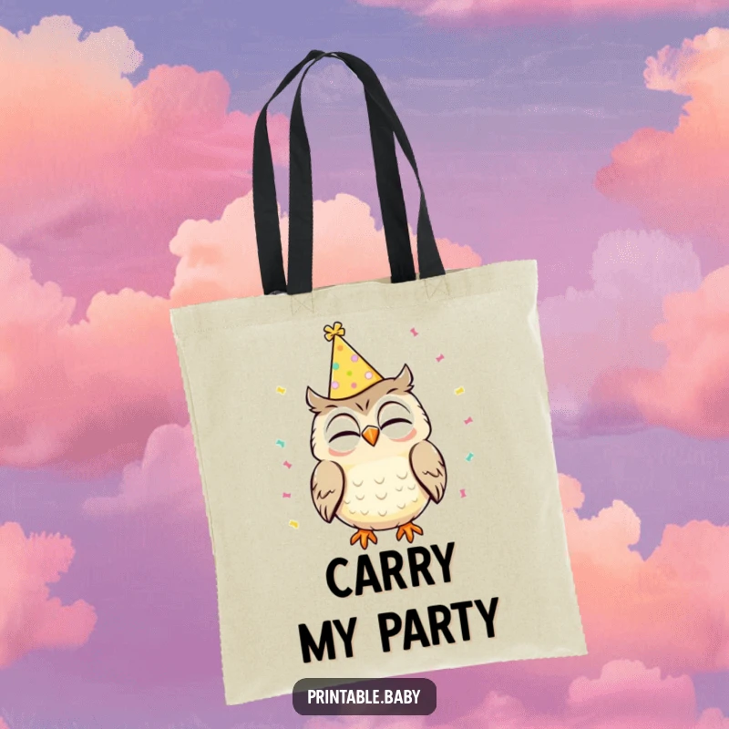 Funny tote bag showcasing a giggling owl wearing a party hat with confetti falling, perfect for carrying essentials in festive style.