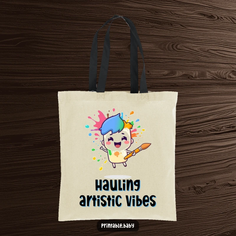 Funny paintbrush rainbow tote bag with a cheerful paintbrush character splattering rainbow colors, ideal for carrying art supplies.