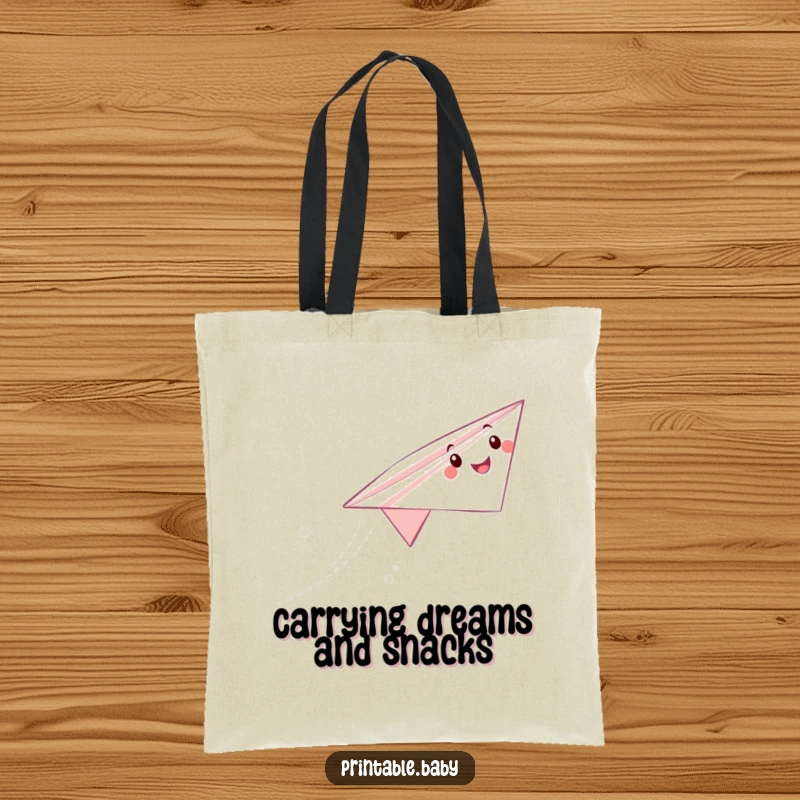 Funny paper airplane tote bag with a happy character soaring through the sky, leaving a trail, excellent for shopping trips.