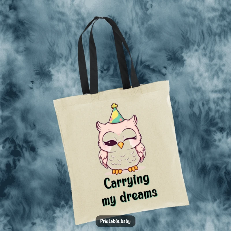 Funny sleepy owl in a party hat, eyes closed, on a durable tote bag, ideal for shopping and humor.