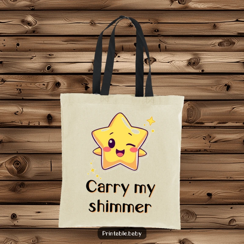 Funny happy star character tote bag, winking and leaving a trail of glitter, ideal for carrying essentials with a magical and cheerful vibe.