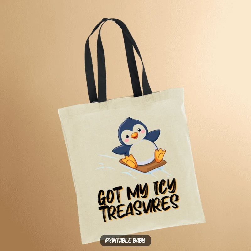 Funny tote bag featuring a smiling penguin sliding gleefully down a starry, icy slope, showcasing holiday cheer and arctic whimsy.