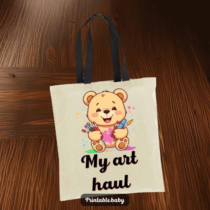 Funny smiling teddy bear tote bag, holding art supplies with paint splatters, ideal for carrying creative materials in style.