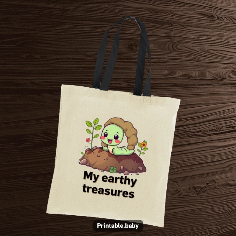 Funny happy worm joyfully tunneling through vibrant soil, leaving a path, a humorous tote bag for carrying garden essentials.