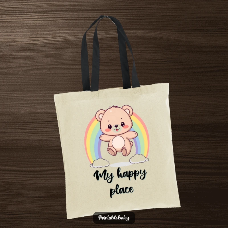 Funny tote bag featuring a fluffy bear cub bouncing on a colorful rainbow, perfect for carrying essentials with joyful flair.