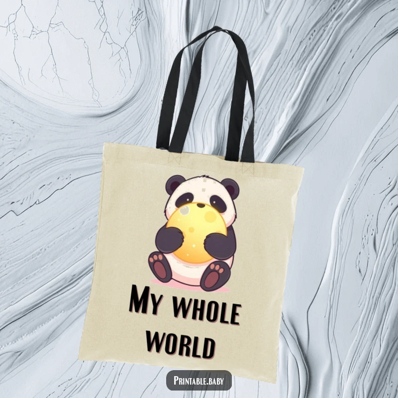 Funny tote bag with a sweet panda bear hugging a glowing, round planet, promoting environmental care and cute panda appreciation.
